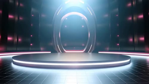Empty Futuristic Stage with Glowing Arch and Neon Lighting