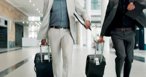 Businessmen, rushing and checking time with suitcase at airport for takeoff, flight or deadline