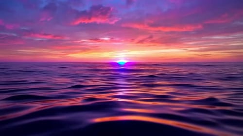 Vibrant Ocean Sunset with Purple Clouds and Calm Waves
