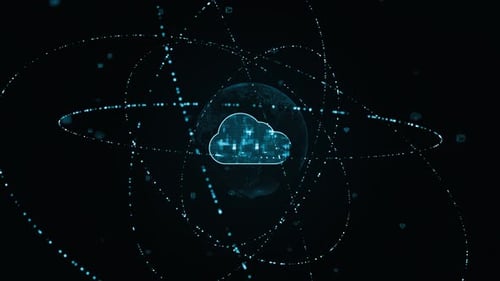 Blue digital cloud computing logo with particle ring circle rotation and earth sphere