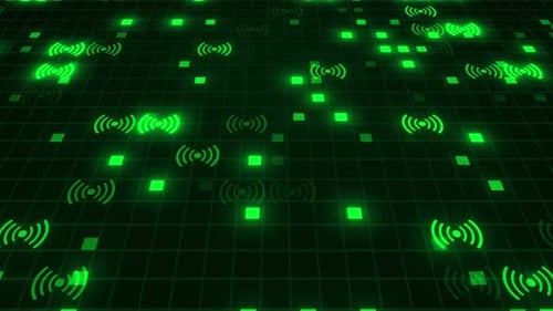 Geometric Technology Grid with Glowing Wi-Fi Signal Icons