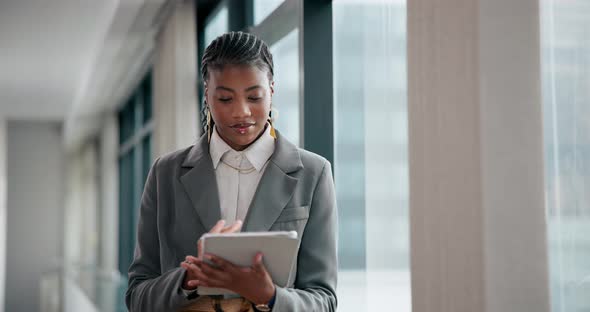 Black woman, intern and scroll with tablet in project management ...