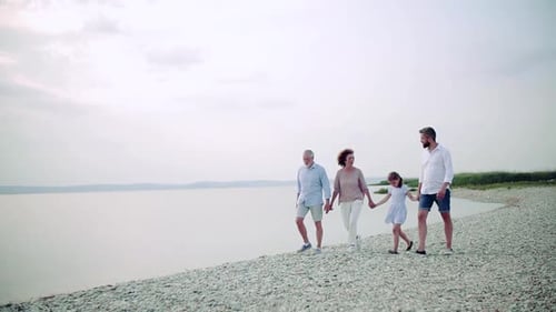 Multigeneration family holding hands walking by the lake on summer vacation