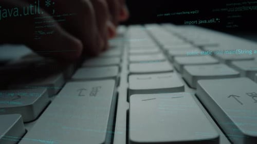 Close-Up of Computer Keyboard with Abstract Code Overlay, Focus on Keys and Text, Symbolizing Coding