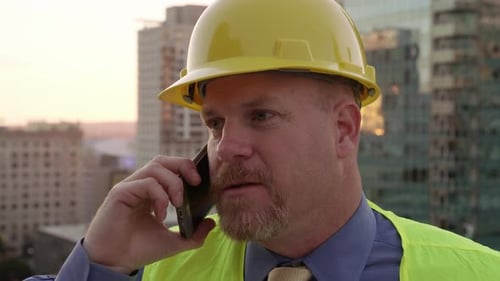 Construction Manager on Rooftop Using Cell Phone Architect