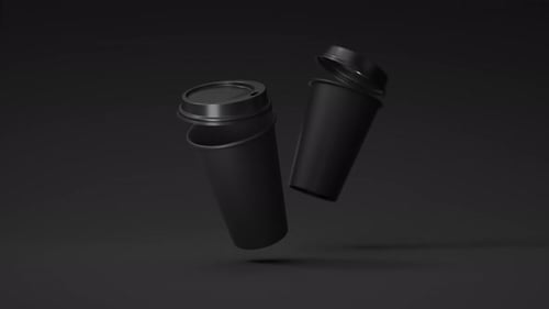 Two Minimalist Black Blank Paper Coffee Cup Floating Above Black Background Takeaway Paper Coffee