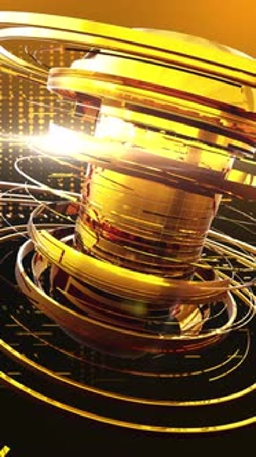 Golden 3D Spinning Globe Background with Abstract Technology Rings