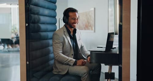 Video call, laptop and talking with business man at airport lounge for sound proof booth