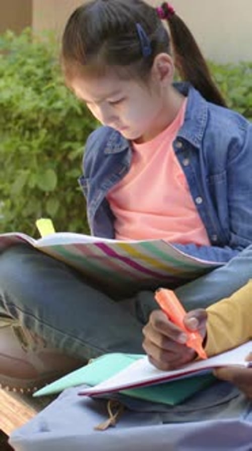 Vertical video: Peer highlighting, girl in denim studying notebook on bench with yellow highlighter