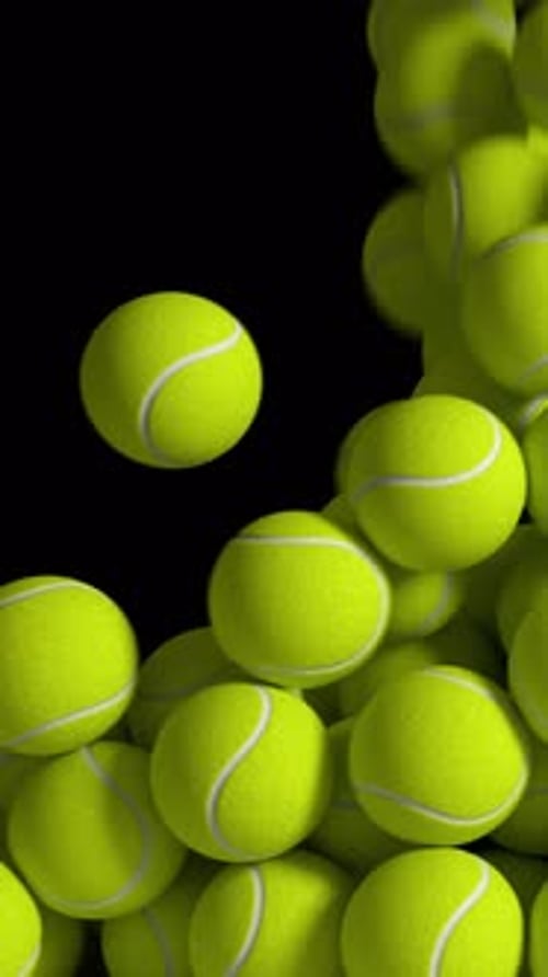 Tennis Balls Vertical Falling and Collapsing Transition Animation with Alpha Channel. 3D rendering