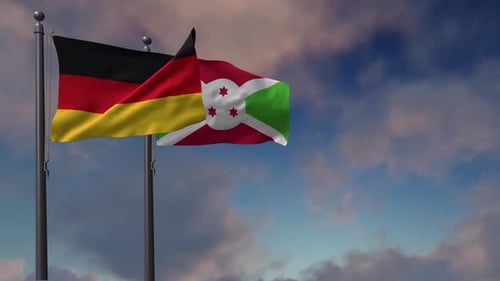 Realistic Waving Flags of Germany and Burundi in Sky