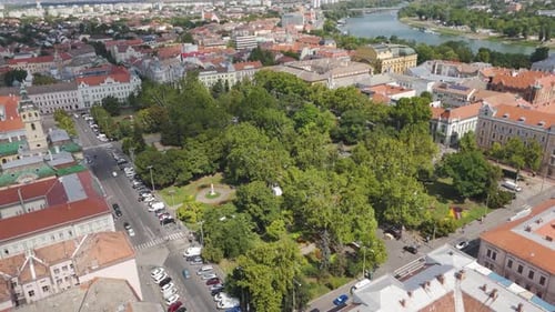 Drone Orbiting Széchenyi Square with Lush Greenery – Szeged, Hungary