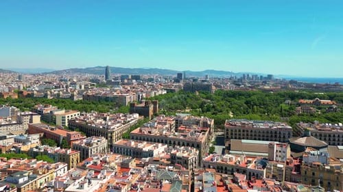 Barcelona Urban Skyline. Aerial view of Parc de la Ciutadella (Park Ciutadella)