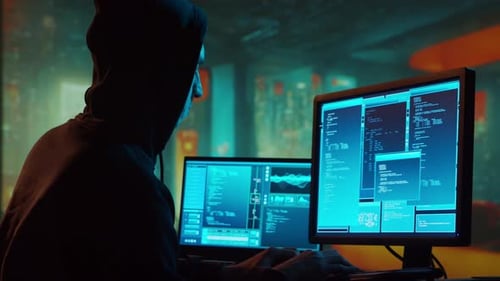 Hacker Coding at Computers in Dark Environment