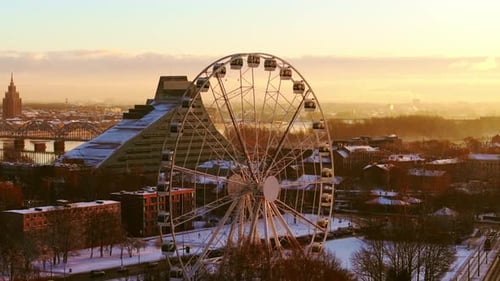 Winter Sunset Cityscape Aerial with Ferris Wheel