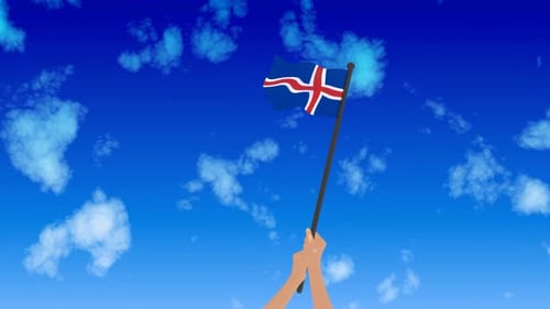 Iceland National Flag Waving By Hand In The Sky Animation