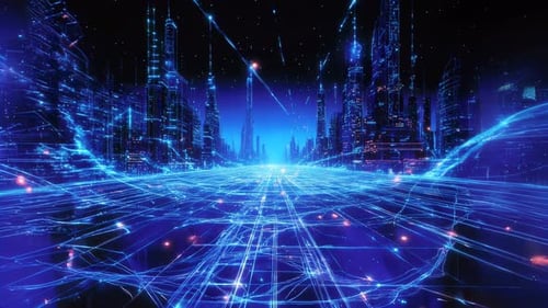 Eine futuristische Stadt mit digitalen Netzwerken und Wolkenkratzern