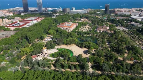 Barcelona Urban Skyline. Aerial view of Parc de la Ciutadella, Park Ciutadella