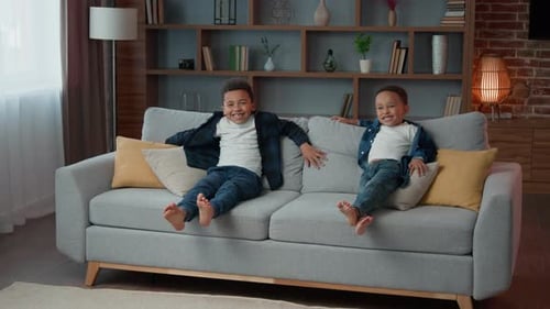 Happy Family Two Adopted African American Ethnic Little Boys Children Siblings Kids Resting Together