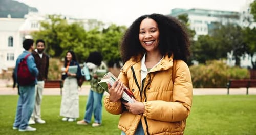 University, laugh and face of woman with books outdoor for learning, education and studying