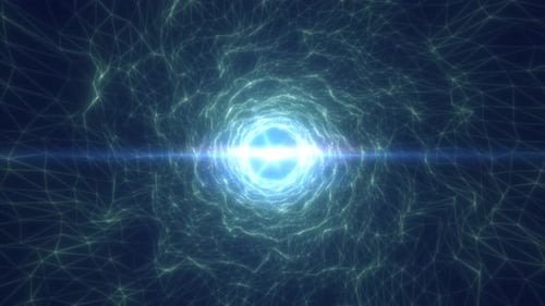 Green digital tunnel vortex formed by interconnected wireframe mesh lines and glowing energy center