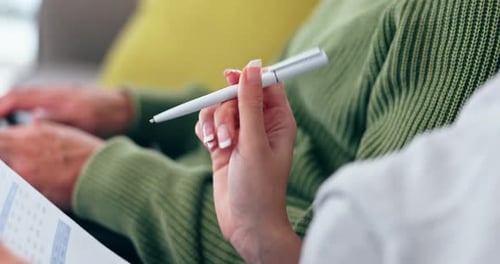 Nervous, hand and thinking with pen and document, paperwork or couple planning finance