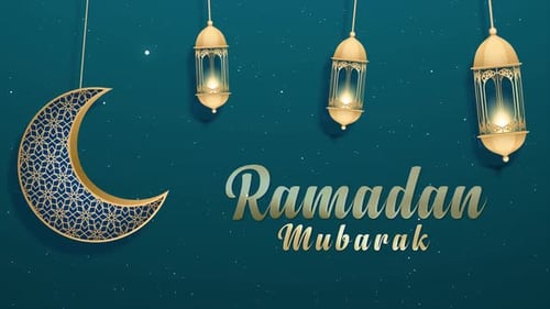 Ramadan Mubarak Golden Crescent Moon and Lanterns Title