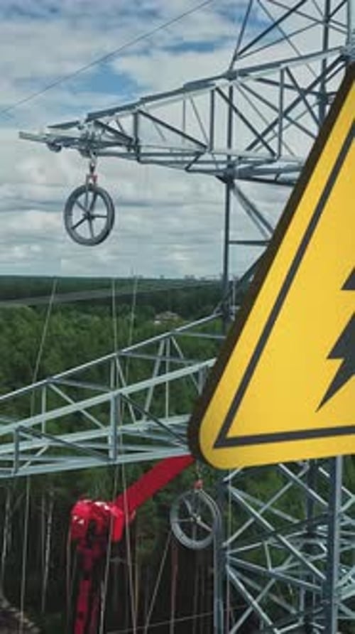 High voltage electricity power lines, danger of electrocution sign electric shock