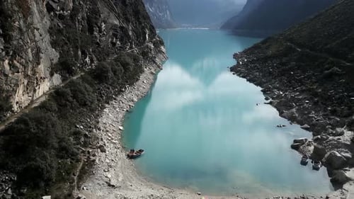 Laguna Paron Turquoise Lake, Aerial Drone Above Mountains Cordillera Blanca Peru Water Expanse, Peru