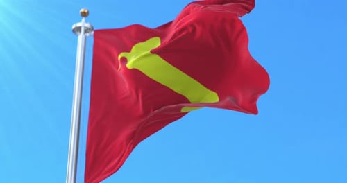Realistic Red Flag with Yellow Hammer and Sickle Waving