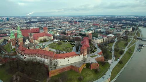 Panoramic view of Wawel Royal Castle by the river Vistula in the city of Krakow, Poland, with the ci
