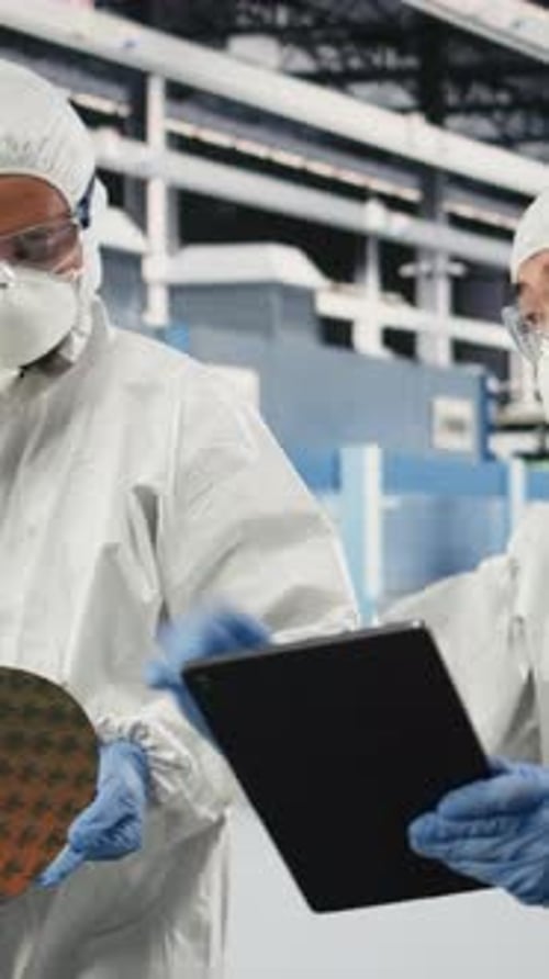 Vertical Video Technicians Analyzing Delicate Electronic Component in Semiconductor Factory