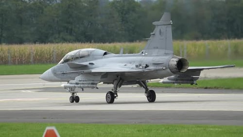 JAS-39C Gripen takes off smoothly from the airfield for a training mission