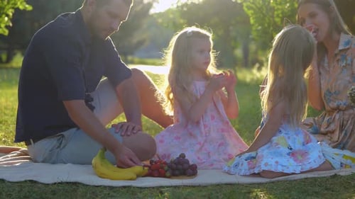 Cute Caucasian Family Having Picnic on Summer Weekend in Park Eating Fruits