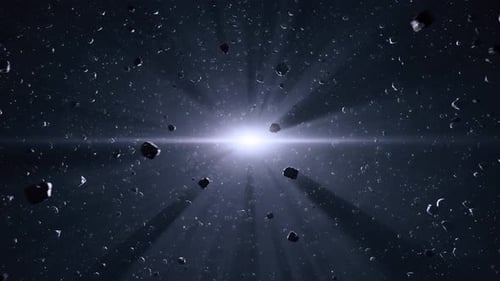 Space Asteroid Field with Bright Light and Lens Flare