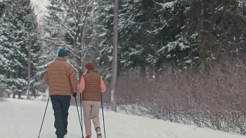 Elderly Couple Nordic Walking Back View