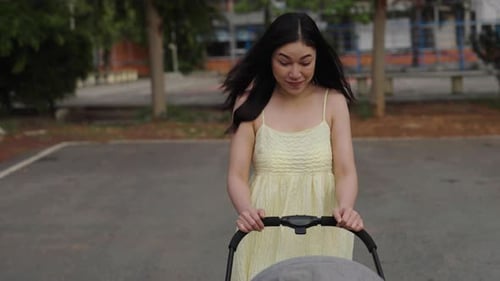 mother pushing infant baby stroller and walking in the park