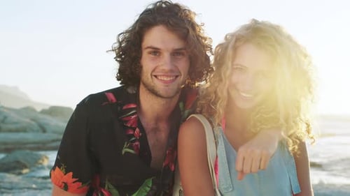 Portrait, beach relax and couple on travel, holiday or summer love