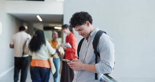 Man, college student and phone with texting at campus, contact or search for class schedule