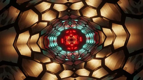 Gold object in circular pattern and blue light. Kaleidoscope VJ loop