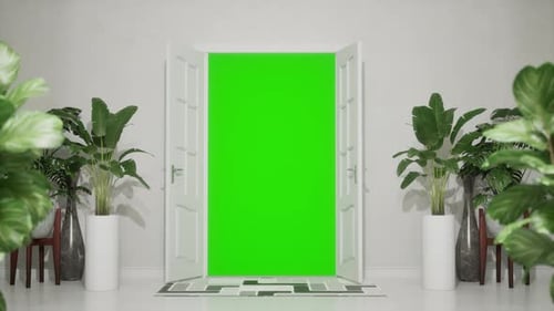 Door Opening Animation In A Light White Room, Green Screen Chroma Key