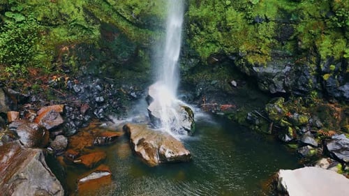 Waterfall Stream Crashing Rocks Aerial View Force Water Falling Mossy Cliff