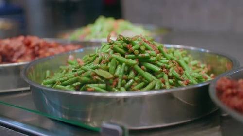 Closeup of Cooked Asparagus in a Restaurant Window