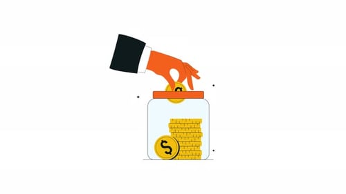 Die
Münze wird von Hand in ein Sparglas gesteckt, 4 k Animationsvideo zur finanziellen Investition oder zum Speichern eines Konzepts