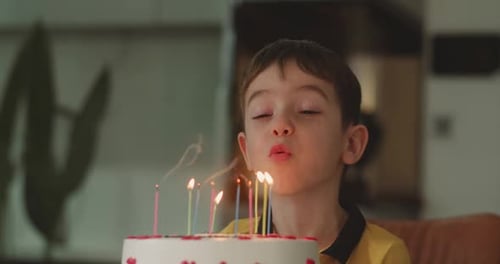 Happy Child Blows Out Birthday Candles on Cake
