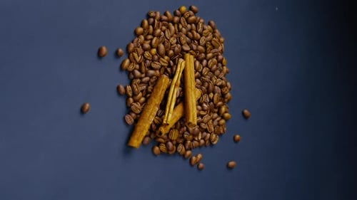 Vidéo verticale, plan rapproché sur fond noir et bleu, des grains de café torréfiés sont disposés