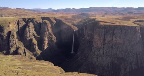 Valley, landscape and aerial of mountain with waterfall for natural environment