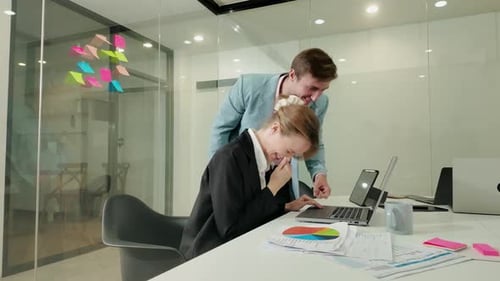 Businessman, corporate woman and laptop for planning, teamwork and strategy in office