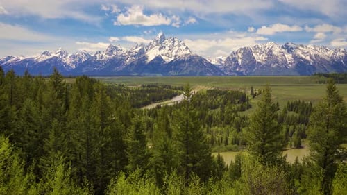 Pan Right of Snake River and Grand Teton Mountains in Wyoming USA