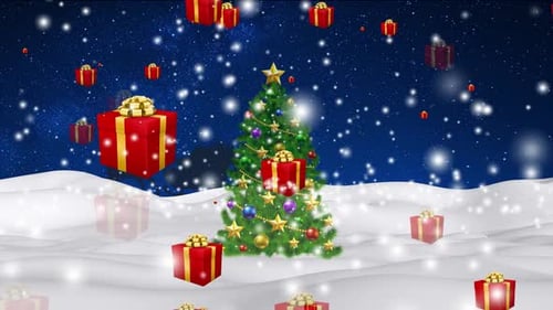 Festive Christmas Tree with Falling Presents and Snow Animation